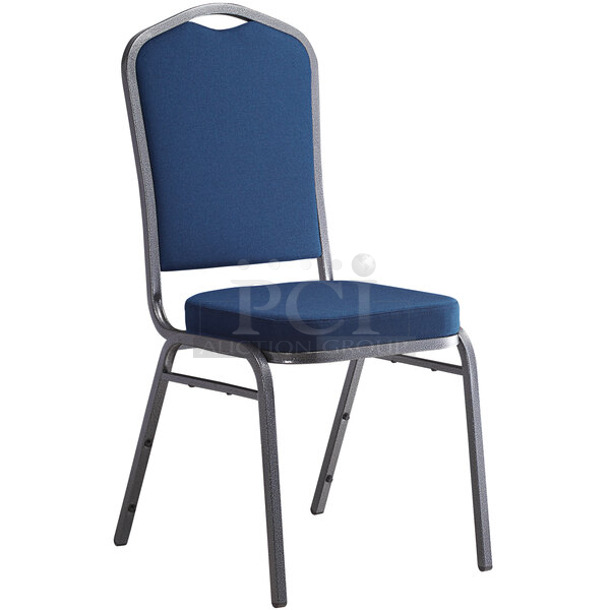 25 BRAND NEW SCRATCH AND DENT! Lancaster Table & Seating 164BNQCRNVY Navy Fabric Crown Back Stackable Banquet Chair with Silver Vein Frame. 25 Times Your Bid! - Item #1117459