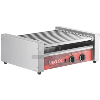 BRAND NEW SCRATCH AND DENT! Avantco 177RG1830 Stainless Steel Commercial 30 Hot Dog Roller Grill with 11 Rollers. 120 Volts, 1 Phase. 