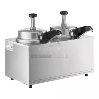 BRAND NEW SCRATCH AND DENT! Carnival King 382HSPW35DBL Stainless Steel Double 3.5 Qt. Warmer with Heated Spouts and Pumps. 120 Volts, 1 Phase. Tested and Working!