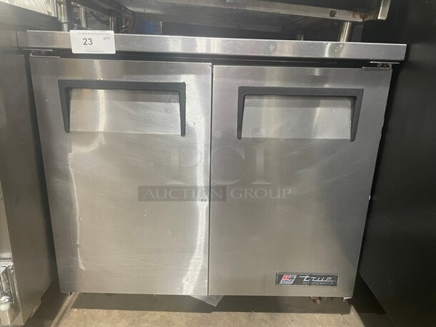 True Commercial 2 Door Lowboy/Worktop Cooler! With poly Coated Racks! All Stainless Steel! On Casters! Model: TUC36 SN: 8872184 115V 60HZ 1 Phase