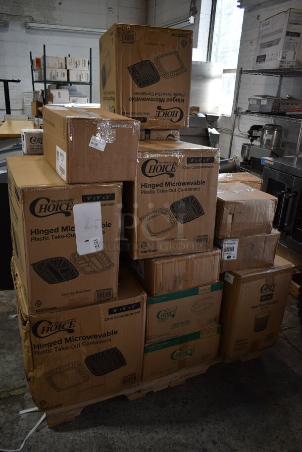 PALLET LOT of 24 BRAND NEW! Boxes Including Choice 500TO993C3 Choice 9" x 9" x 3" Microwaveable 3-Compartment Black / Clear Plastic Hinged Container - 100/Case, 2 Box 500TO883 Choice Microwaveable 1- Compartment, 500TO993 Choice 9" x 9" x 3" Microwavable 1-Compartment Black / Clear Plastic Hinged Container - 100/Case, 395TO881 EcoChoice 8" x 8" x 3" Compostable Sugarcane / Bagasse 1 Compartment Take-Out Box - 200/Case, 395TO961 EcoChoice 9" x 6" x 3" Compostable Sugarcane / Bagasse 1 Compartment Take-Out Container - 200/Case, American Metalcraft ASEAS14 14" Round Silver Hammered Aluminum Seafood Tray, 2 Box 137512BK Tablecraft 137512BK 12" Black Plastic Diner Platter / Fast Food Basket - 12/Pack, 808137512BK Tablecraft 137512BK 12" Black Plastic Diner Platter / Fast Food Basket - 12/Pack, 129MCR24B Choice 24 oz. Black Round Microwavable Heavy Weight Container with Lid 7 1/4" - 150/Case. 24 Times Your Bid!
