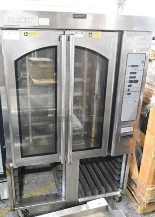 Baxter OV310G Stainless Steel Commercial Natural Gas Powered Mini Rotating Rack Oven w/ Lower Double Pan Rack on Commercial Casters. 95,000 BTU. 