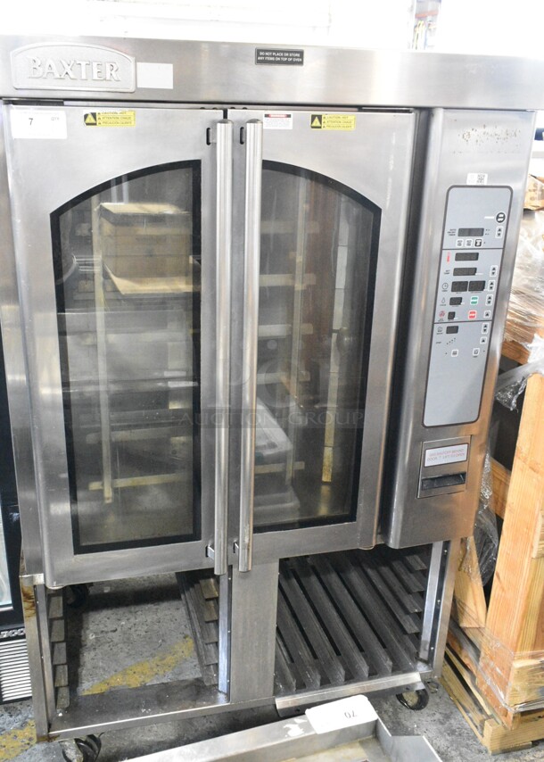 Baxter OV310G Stainless Steel Commercial Natural Gas Powered Mini Rotating Rack Oven w/ Lower Double Pan Rack on Commercial Casters. 95,000 BTU. - Item #1145192