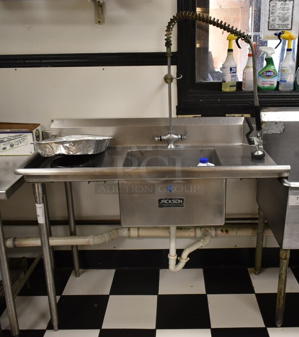Stainless Steel Commercial Single Bay Left Side Dirty Side Dishwasher Table w/ Spray Nozzle Attachment and Handles. Bay 20x20. Drain Board 19x23.5. BUYER MUST REMOVE. (kitchen)