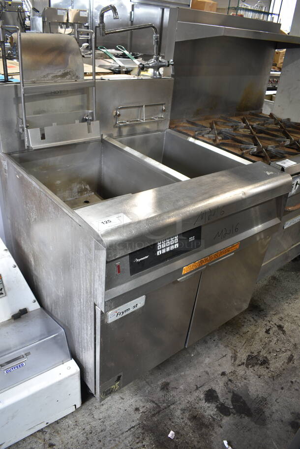 2014 Frymaster GPCRBSC Stainless Steel Commercial Floor Style Natural Gas Powered Deep Fat Fryer w/ Dumping Station on Commercial Casters. 80,000 BTU. 