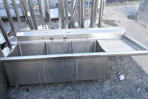 Stainless Steel 3 Bay Sink w/ Right Side Drain Board. No Legs. Bays 16x21x14. Drain Board 18x23