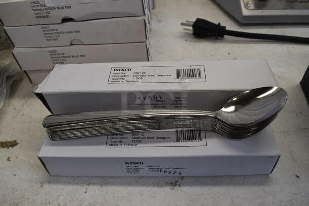 48 BRAND NEW IN BOX! Winco 0001-02 Stainless Steel Dominion Iced Teaspoons. 7.75". 48 Times Your Bid!