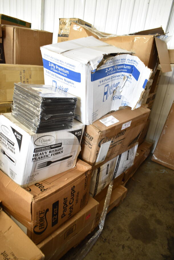 PALLET LOT of 26 BRAND NEW Boxes Including 375STM85BK GET STM-85-BK 8 1/2" Black Polypropylene Round Steamer Set - 12/Pack, 347TCL12 Choice 12 oz. Clear Disposable Plastic Tumbler - 500/Case, 127CH Choice 4 oz. Clear RPET Hinged Deli Container - 400/Case, 130HBKCUTFW Visions Individually Wrapped Black Heavy Weight Plastic Fork - 1000/Case, 999SP10BK Visions Florence 10" Square Black Plastic Plate, 50012W Choice 12 oz. White Poly Paper Hot Cup - 1000/Case, 128HDLDBULK ChoiceHD Microwavable Translucent Plastic Deli Container Lid - 480/Case, 129MCR50B Choice 48 oz. Black Round Microwavable Heavy Weight Container with Lid 9" - 150/Case, 95TO953WHTU Choice 9" x 5" x 3" White Take Out Lunch Box / Chicken Box with Tuck Top - 250/Case. 26 Times Your Bid! 
