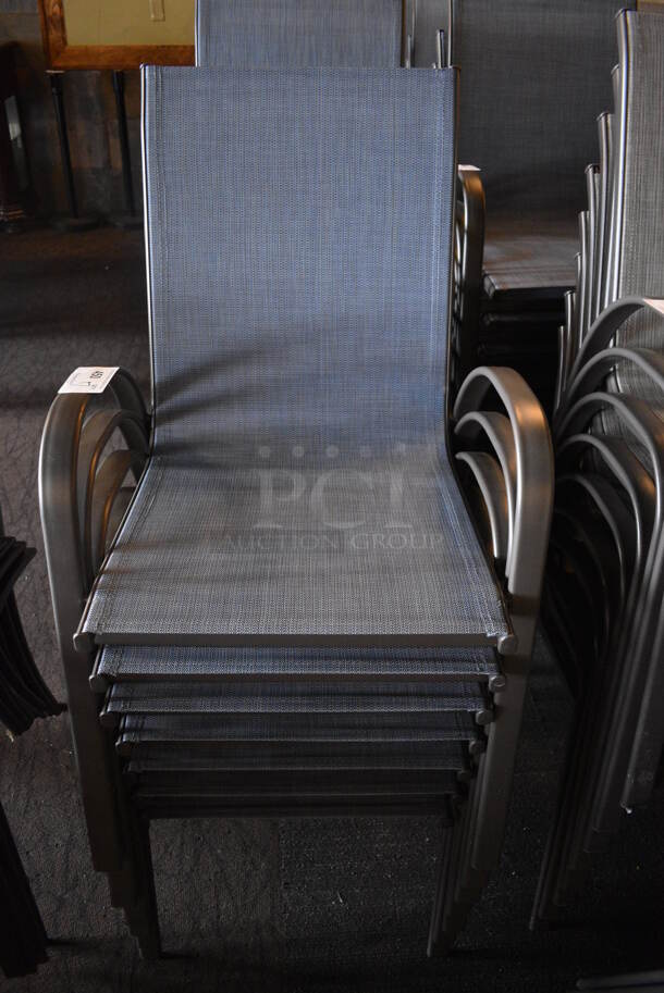 7 Metal Gray Outdoor Patio Chairs w/ Blue Seat and Arm Rests. BUYER MUST REMOVE. 22x24x36. 7 Times Your Bid! (Susquehanna Ale House)