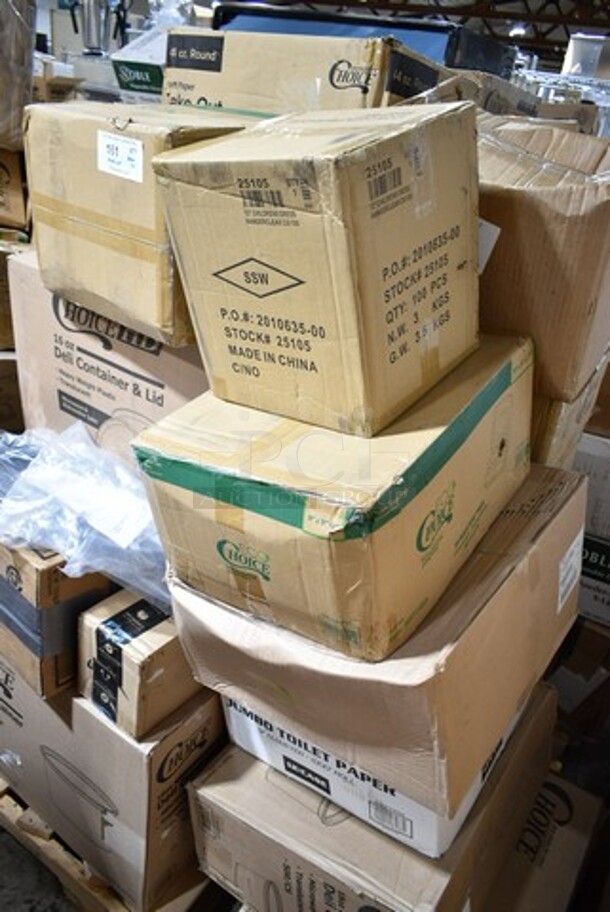 PALLET LOT of 25 BRAND NEW Boxes Including 2 Box 127RD16BULK Choice 16 oz. Customizable Microwavable Translucent Round Deli Container - 500/Case, 5002TPJPR1K Lavex Premium 2-Ply Jumbo 1000' Toilet Paper Roll with 9" Diameter - 12/Case, 395TO993 EcoChoice 9" x 9" x 3" Compostable Sugarcane / Bagasse 3 Compartment Takeout Container - 200/Case, 130LID18 Visions 18" Clear PET Plastic Round Catering Tray High Dome Lid - 25/Case, Chilcrens Dress Hangers, 176CMT7RHBL Choice 10 1/2" x 15 1/2" Right Handed Heavy-Duty Melamine NSF Blue 7 Compartment Tray - 12/Pack, 433BR13717C Choice 13" x 7" x 17" Natural Kraft Paper Customizable Shopping Bag with Handles - 250/Case, Gasket, 395RP07 EcoChoice Compostable Sugarcane / Bagasse 7" Plate - 1000/Case, 500COLLAR Choice 10-24 oz. Printed Coffee Cup Sleeve / Jacket / Clutch - 1200/Case, 795KFT44RNPE Choice 44 oz. Round Kraft PE-Lined Microwavable Take-Out Container 7 5/16" x 2 5/8" - 300/Case. 25 Times Your Bid!