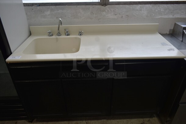 Sink Counter w/ Bay, Faucet, Handles, 2 Doors, 1 Drawer and Wood Pattern Front.
