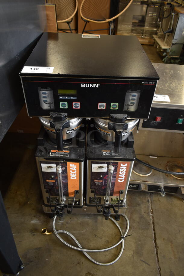 2012 Bunn DUAL SH DBC Stainless Steel Commercial Countertop Double Coffee Machine w/ 2 Satellite Servers and 2 Metal Brew Baskets. 120/208-240 Volts, 1 Phase.