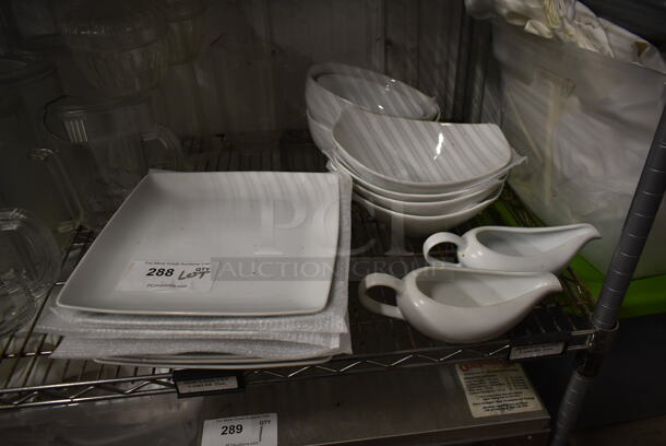 ALL ONE MONEY! Lot of Various White Ceramic Dishes Including Plates and Gravy Boats