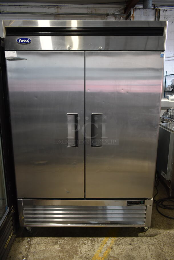 2020 Atosa MBF8507GR Stainless Steel Commercial 2 Door Reach In Cooler w/ Poly Coated Racks on Commercial Casters. 115 Volts, 1 Phase. Tested and Working!
