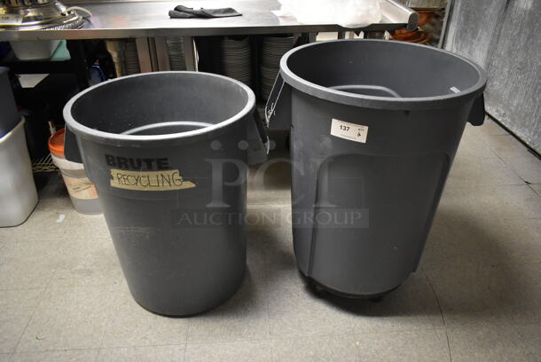 2 Gray Poly Trash Cans w/ 1 Dolly. 2 Times Your Bid! (dish room)