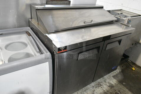 2019 Migali MSF8302GR Stainless Steel Commercial Sandwich Salad Prep Table Bain Marie Mega Top on Commercial Casters. 115 Volts, 1 Phase. Tested and Working!