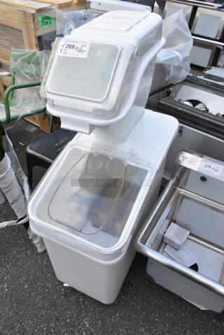 2 BRAND NEW SCRATCH AND DENT! Items Including Bakers Mark 176IB100 6.3 Gallon / 100 Cup Shelf Ingredient Bin with Flip Lid, Label Sheet, and Scoop and Bakers Mark 176BIN27GL Baker's Lane 27 Gallon / 430 Cup White Slant Top Mobile Ingredient Storage Bin with Sliding Lid & Scoop. 2 Times Your Bid! 