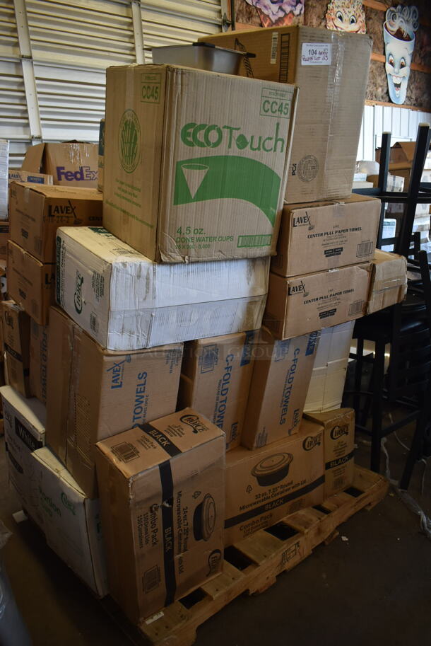 PALLET LOT of 25 BRAND NEW! Boxes Including CC45 EcoTouch 4.5 oz Cone Water Cups, 2 Box 5002CPTE Lavex 2-Ply White Center Pull Economy Paper Towel 510' Roll - 6/Case, 3 Box 500CFT Lavex White C-Fold Standard Weight Towel - 2400/Case, 129MCR24B ChoiceHD 8 oz. Microwavable Translucent Plastic Deli Container - 480/Case, 2 Box 129MCR32B Choice 32 oz. Black Round Microwavable Heavy Weight Container with Lid 7 1/4" - 150/Case, 3 Box 795PTOWHT2  Choice 7 3/4" x 5 1/2" x 2" White Microwavable Folded Paper #2 Take-Out Container - 200/Case, STI-2115 Heart Shape Container. 25 Times Your Bid!