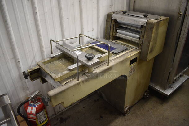 CFAV Metal Commercial Floor Style Dough Sheeter on Commercial Casters. 220 Volts, 1 Phase. 52x23x42. Tested and Working!