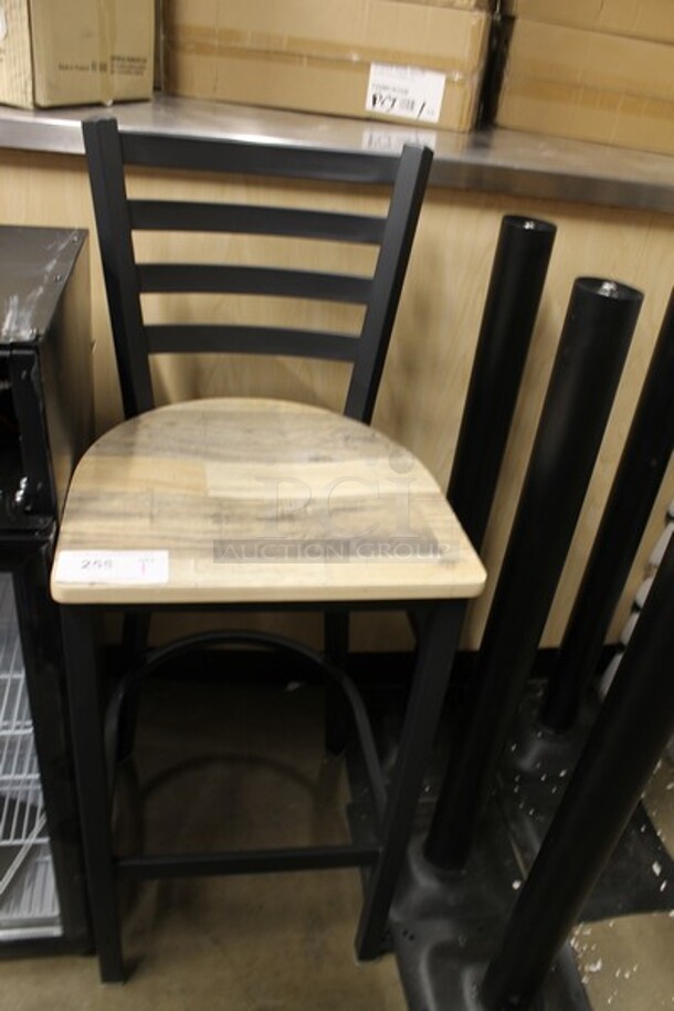 BRAND NEW SCRATCH AND DENT! Black Metal Bar Height Chair w/ Wood Pattern Seat.
