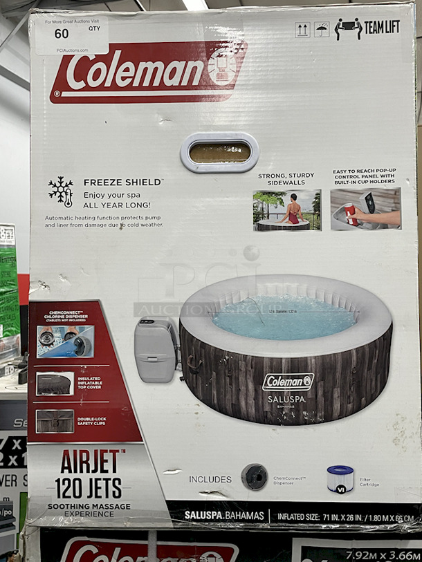 AWESOME! Coleman 71" x 26" Saluspa Bahamas AirJet Spa Outdoor Inflatable Hot Tub. Contents: 1 spa, 1 cover, 1 pump, 1 ChemConnect dispenser, 1 filter cartridge (VI), 1 repair patch.