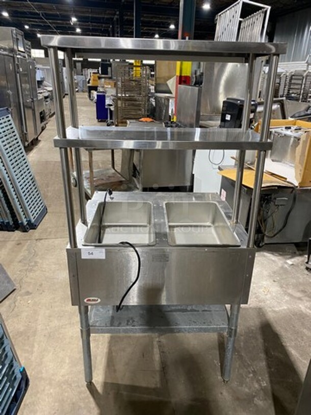 Eagle Commercial Electric Powered 2 Well Steam Table! With Double Overhead Shelf! All Stainless Steel! On Legs! Model: DHT2120 SN: 1904100088 120V 60HZ 1 Phase