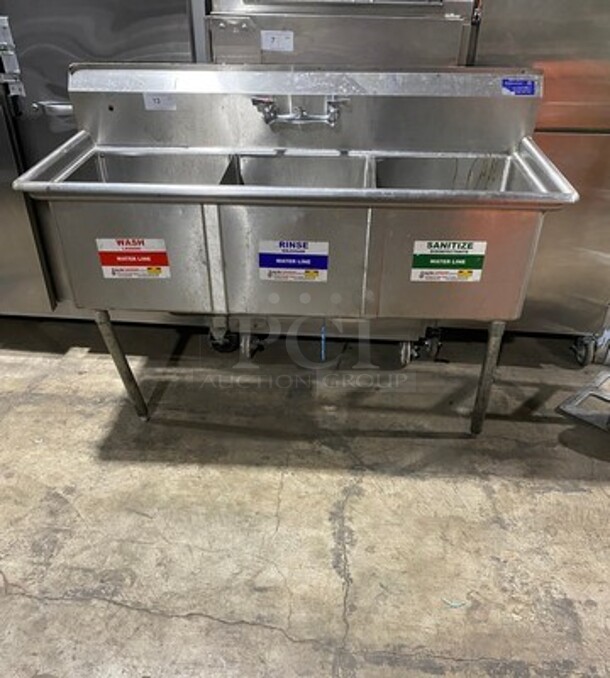 L & J Commercial 3 Compartment Dish Washing Sink! With Back Splash! All Stainless Steel! On Legs!