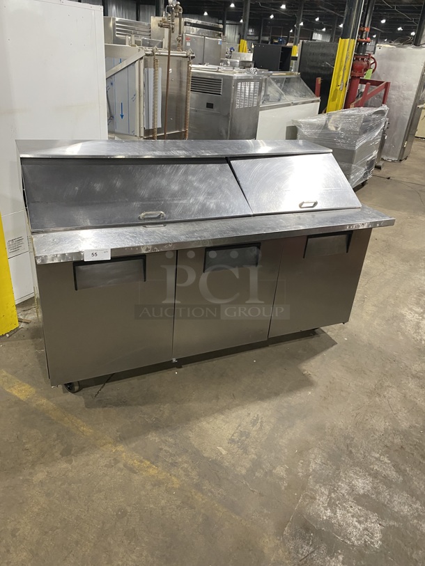 TRUE All Stainless Steel Refrigerated 3 Door Mega Top Sandwich Prep Table!  On Casters! Model QA-72-30M-B Serial 1-3456552 115V/60Hz/1 Phase - Item #1126238
