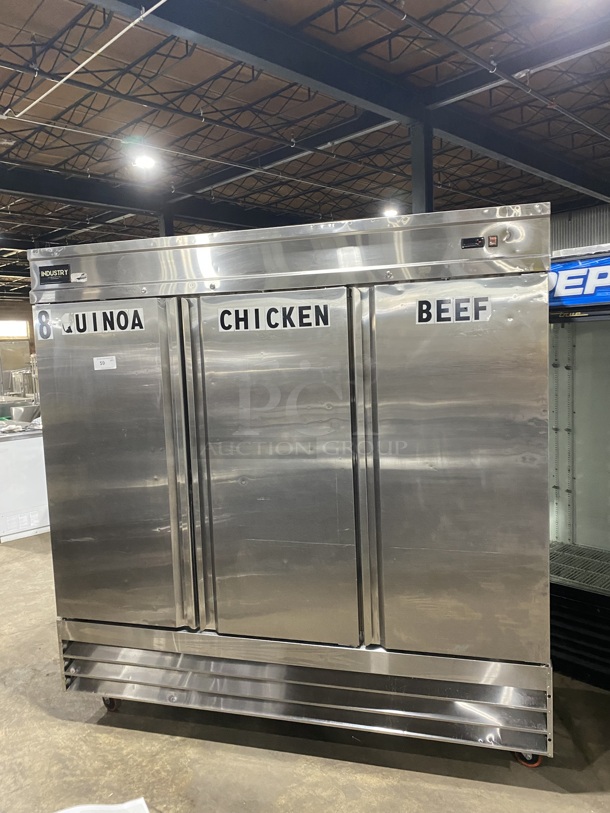 INDUSTRY Commercial 3 Door Reach In Freezer!  All Stainless Steel! On Casters! Model CFD-3FF-HC 