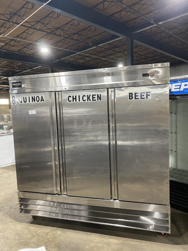 INDUSTRY Commercial 3 Door Reach In Freezer!  All Stainless Steel! On Casters! Model CFD-3FF-HC - Item #1126247