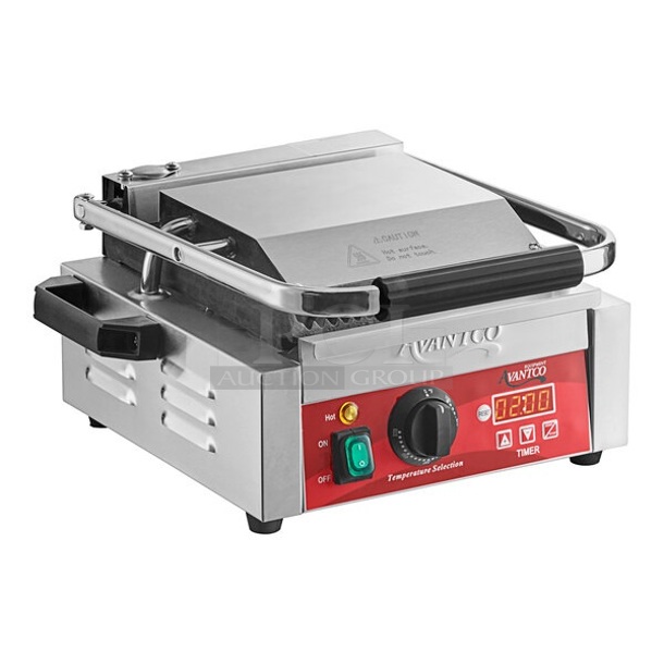 BRAND NEW SCRATCH AND DENT! 2023 Avantco 177PG100T Stainless Steel Commercial Panini Sandwich Grill with Timer, Grooved Plates, and 8 1/2" x 8 1/2" Cooking Surface. 120 Volts, 1 Phase. Tested and Working!