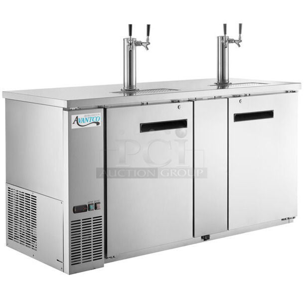 BRAND NEW SCRATCH AND DENT! Avantco 177UDD3HCS Stainless Steel Commercial Kegerator / Beer Dispenser with (2) 2 Tap Towers - (3) 1/2 Keg Capacity. 115 Volts, 1 Phase. Tested and Working! 