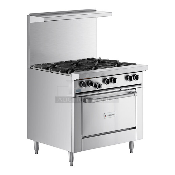 BRAND NEW SCRATCH AND DENT! 2022 Garland G36-6C Stainless Steel Commercial Propane Gas Powered 6 Burner 36" Range with Convection Oven, Over Shelf and Back Splash. 188,000 BTU