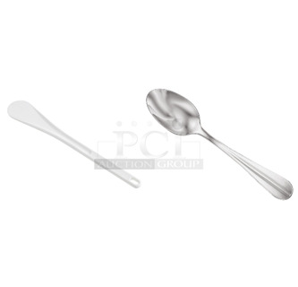 2 BRAND NEW! Items; 6 Mercer M35122 Hell's Tools 13 3/4" White High Temperature Spootensil, 24 Walco 6907 Parisian 7" 18/0 Stainless Steel Heavy Weight Dessert Spoon. 2 Times Your Bid! 