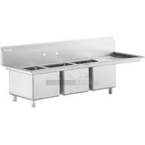 BRAND NEW SCRATCH AND DENT! Regency 600S3162018R Stainless Steel 3 Bay Sink w/ Right Side Drain Board. No Legs. 