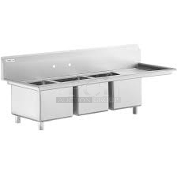 BRAND NEW SCRATCH AND DENT! Regency 600S3162018R Stainless Steel 3 Bay Sink w/ Right Side Drain Board. No Legs. - Item #1127856
