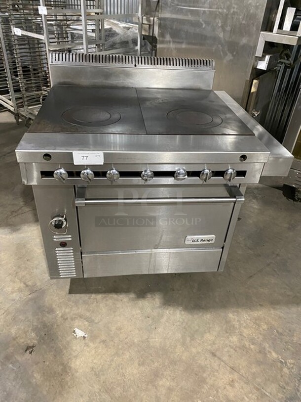 NICE! Us Range Commercial Heavy Duty Natural Gas Powered French Top/Hot Plate Range! With Full Size Oven Underneath! All Stainless Steel! With Oven Racks! On Casters! - Item #1145722