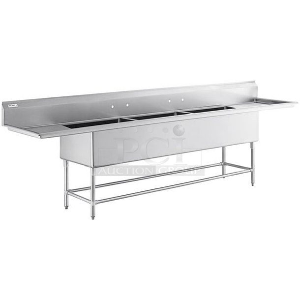 BRAND NEW SCRATCH & DENT! Regency Spec Line 600S3302424S 142" 14 Gauge Stainless Steel Three Compartment Commercial Sink with 2 Drainboards - 30" x 24" x 14" Bowls. Very tip of the back left corner has a minor bend. 29 1/2 x 142 x 14 x 45 3/8 