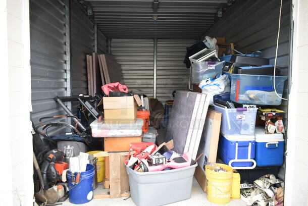 ALL ONE MONEY! Lot of Entire Contents of Storage Unit #32.
Unit Size: 10'x20'. Unit Appears to Contain: Blue and White Poly Portable Coolers, Hoverboard, Foam Panels, Echo PB-8010T Backpack Leaf Blower, Metal Stock Pot, Shovels, Poly Buckets, Couch, Stainless Steel Cooler w/ Freezer, Gun Box, Nikon Rifle Scope, Motorcycle pieces, Table Saw, Milwaukee Tool Boxes and Tools, Innova Inversion Table, Electric Shrub Trimmer, Golf Clubs, Computer Tower, Laptop, Folding Table, Auto Walk Lawn Mower, Oriental Rug, Wheelbarrow, Wooden Dressers, Metal Desk, Snow Blower, Car Radio, DeWalt Saw and various Tools . Cleaning Deposit of $100 per Unit Paid on Pickup Day. Winner Has 7 Days From Close of Auction to Remove Items. All Items Must Be Removed and Unit Must Be Broom Swept to Get Cleaning Deposit Returned.