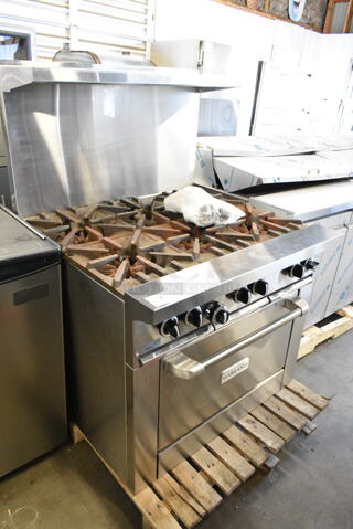 BRAND NEW SCRATCH AND DENT! 2024 Garland G36-6R Stainless Steel Commercial Natural Gas Powered 6 Burner Range w/ Oven, Over Shelf and Back Splash. 