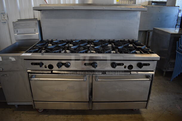 Garland SunFire Stainless Steel Commercial Natural Gas Powered 10 Burner Range w/ 2 Ovens, Over Shelf and Back Splash on Commercial Casters. 59x33.5x55.5