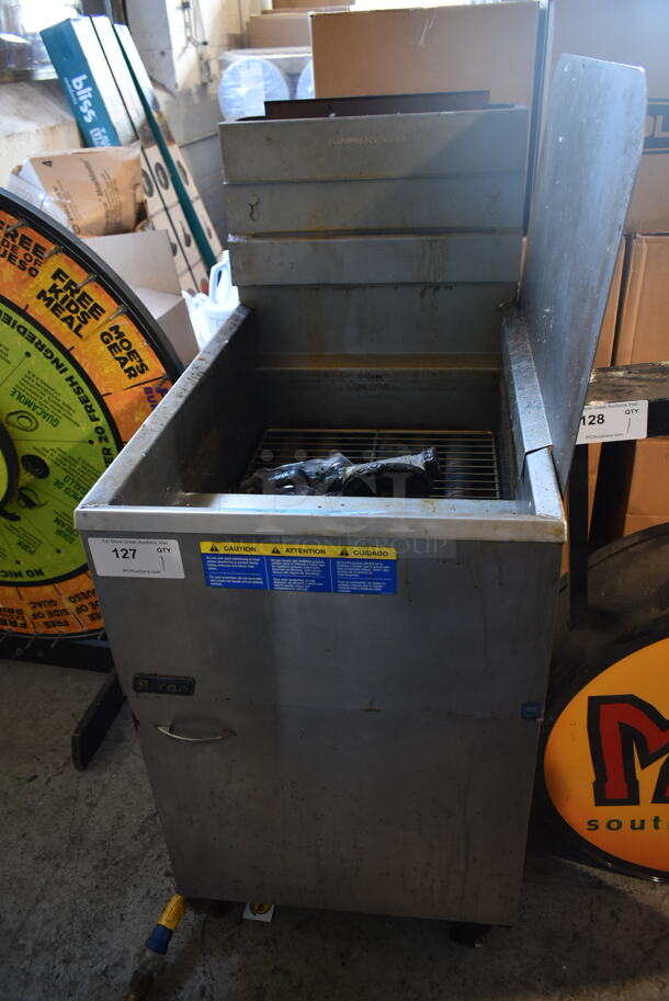 2013 Pitco Frialator 65C Stainless Steel Commercial Floor Style Natural Gas Powered 65 Pound Deep Fat Fryer on Commercial Casters. 150,000 BTU.