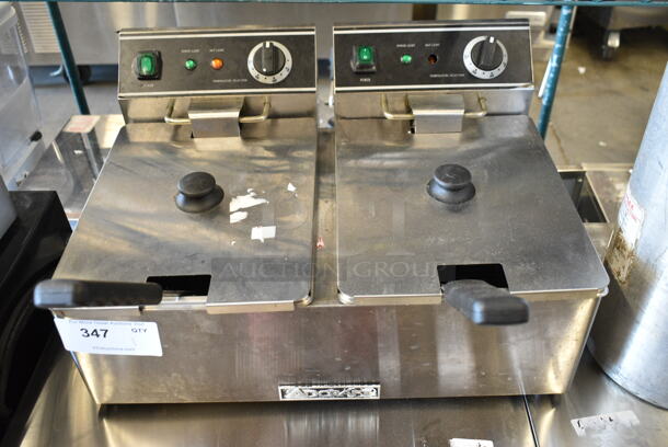 BRAND NEW SCRATCH AND DENT! Adcraft DF-6L/2 Stainless Steel Commercial Countertop Electric Powered 2 Bay Deep Fat Fryer w/ 2 Metal Fry Baskets and 2 Lids. 120 Volts, 1 Phase. - Item #1118004