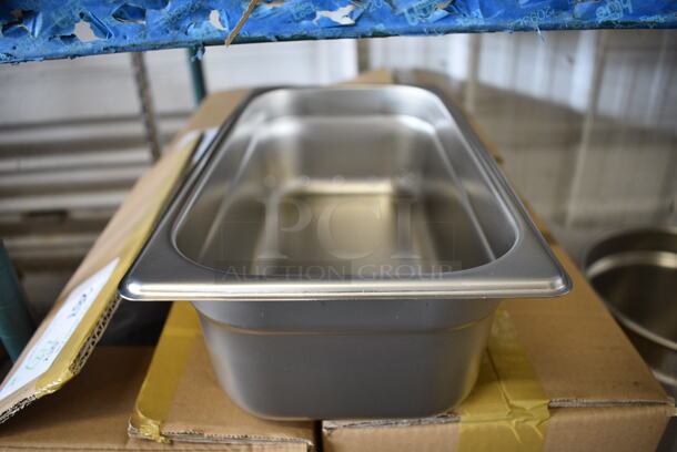 12 BRAND NEW IN BOX! Browne Stainless Steel 1/3 Size Drop In Bins. 1/3x4. 12 Times Your Bid!