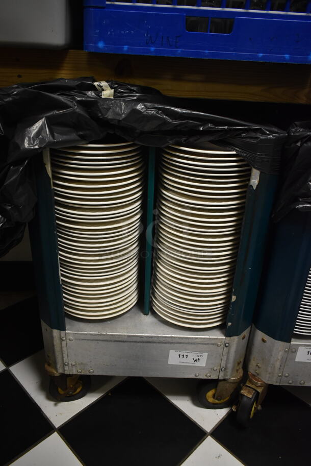 Metal Commercial Dish Carts on Commercial Casters w/ Contents Including Ceramic Plates. (ice room)