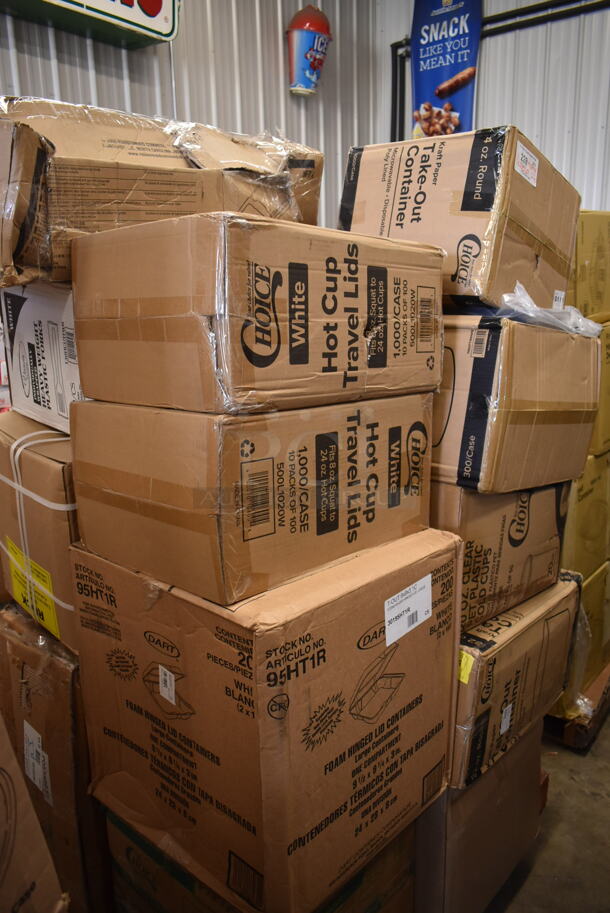 PALLET LOT of 26 BRAND NEW! Boxes Including 2 Box 395TO553PR EcoChoice Containers, 2 Box 500L1020W Choice White Hot Paper Cup Travel Lid for 10-24 oz. Standard Cups and 8 oz. Squat Cups - 1000/Case, Dart 95HT1R 9 1/2" x 9" x 3" White Foam Square Take Out Container with Hinged Lid - 200/Case, Choice 4 ox Take out Containers, 795KFT32RNPE Choice 32 oz. Round Kraft PE-Lined Microwavable Take-Out Container 5 15/16" x 3" - 300/Case, Royal Paper R810 5 1/2" Eco-Friendly Wood Coffee Stirrer - 10000/Case, 267810006 Acopa Phoenix 7 5/16" 18/0 Stainless Steel Forged Salad / Dessert Fork - 12/Pack, 5105EF0001 Equip by T&S 5EF-0001 Replacement Electronic Faucet White Control Module, 760SOUP16 EcoChoice 16 oz. Kraft Paper Food Cup with Vented Lid - 250/Case, 600GT4 Grease Trap. 26 Times Your Bid! 