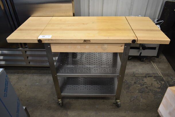 John Boos Butcher Block Table w/ 2 Metal Under Shelves on Commercial Casters.