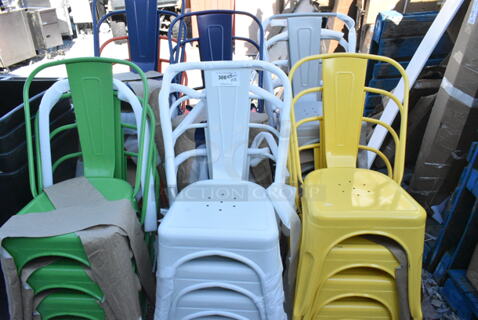 28 BRAND NEW SCRATCH AND DENT! Tolix Style Dining Height Chairs Including Yellow, White, Green, Blue and Gray. 28 Times Your Bid!