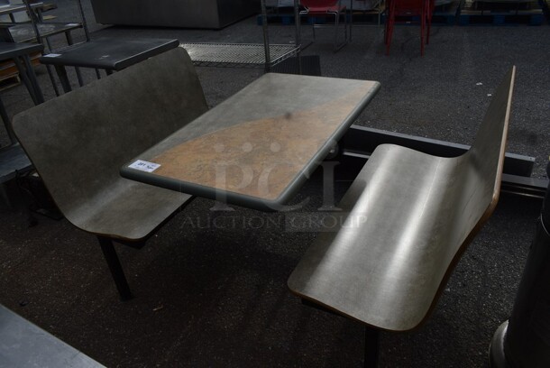 Tan and Gray Green Table w/ 2 Single Booth Seats on Metal Frame.