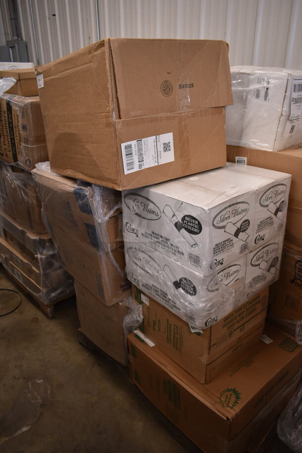PALLET LOT of 19 BRAND NEW Boxes Including 760FF16 Choice 16 oz. French Fry Cup - 1000/Case, Lavex 502386016CL Lavex 55-60 Gallon 16 Micron 38" x 60" High Density Janitorial Can Liner / Trash Bag - 200/Case, 760SOUP8WPA Choice 8 oz. White Double Poly-Coated Paper Food Cup with Vented Paper Lid - 250/Case,  TD24 Solo Ultra Clear™ TD24 24 oz. Customizable Clear PET Plastic Cold Cup - 600/Case. 19 Times Your Bid! 